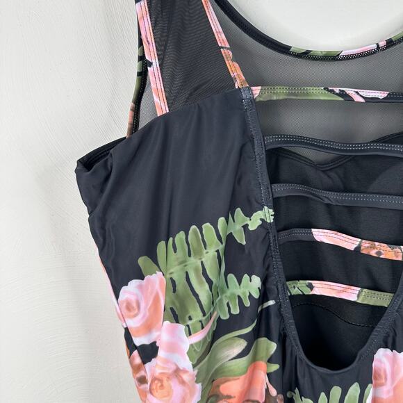 NWOT Black One Piece Floral Strappy Back Mesh Swimsuit - Picture 8 of 12